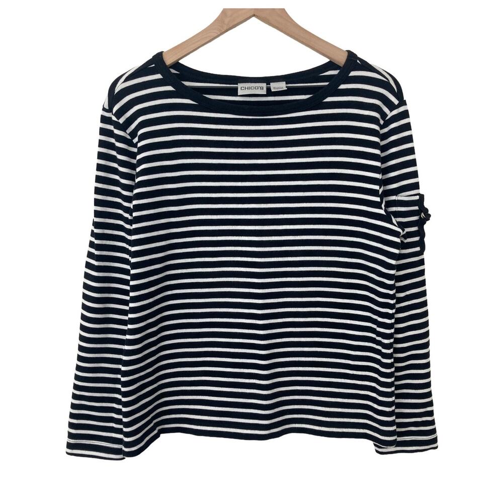 Chico's 2 Nautical Black White Striped Coastal Grandma Long Sleeve Tee T-Shirt